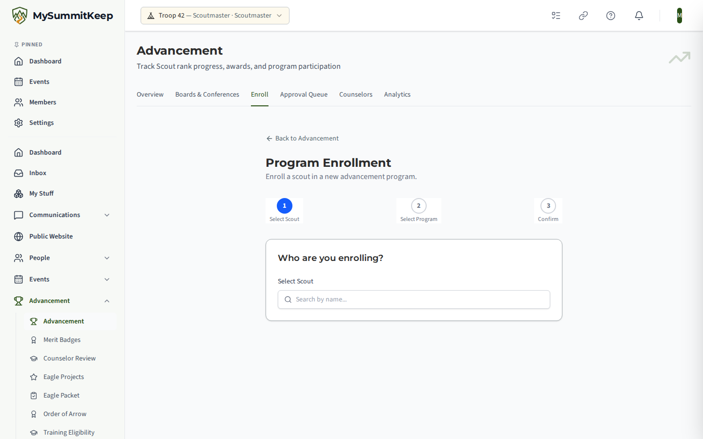 The Program Enrollment page at /advancement/enroll, 'Enroll a scout in a new advancement program,' on its first step, 'Who are you enrolling?'
