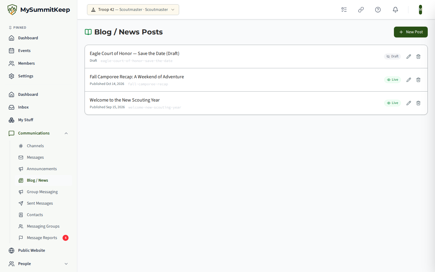 The Blog / News Posts management page at /blog with a View public site link, a New Post button and the list of posts, each marked Published with a date or Draft.