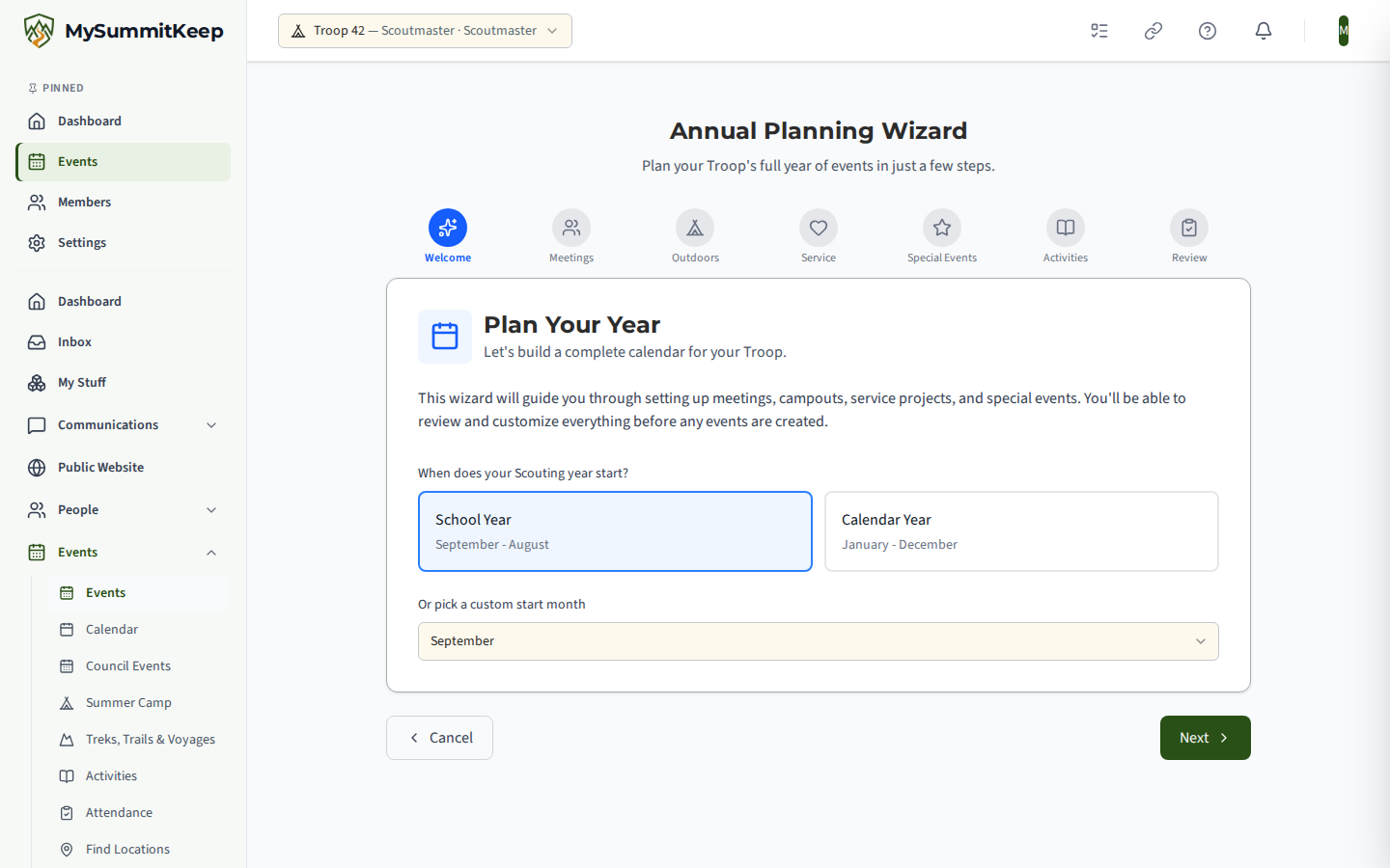 The Annual Planning Wizard at /events/annual-plan on its first step, 'Plan Your Year.'