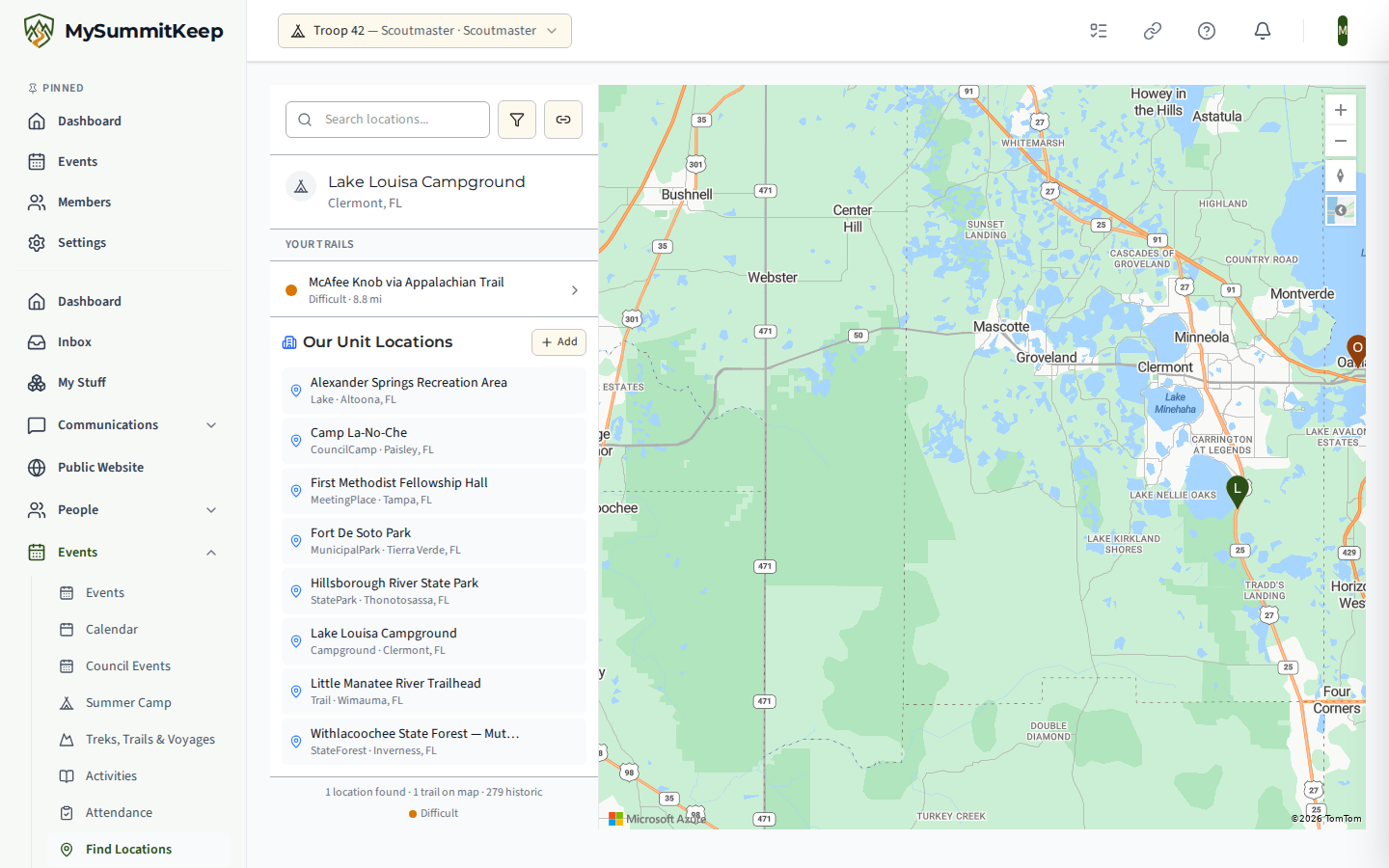 Locations page with a search box and location cards in the left sidebar next to a map with location pins.