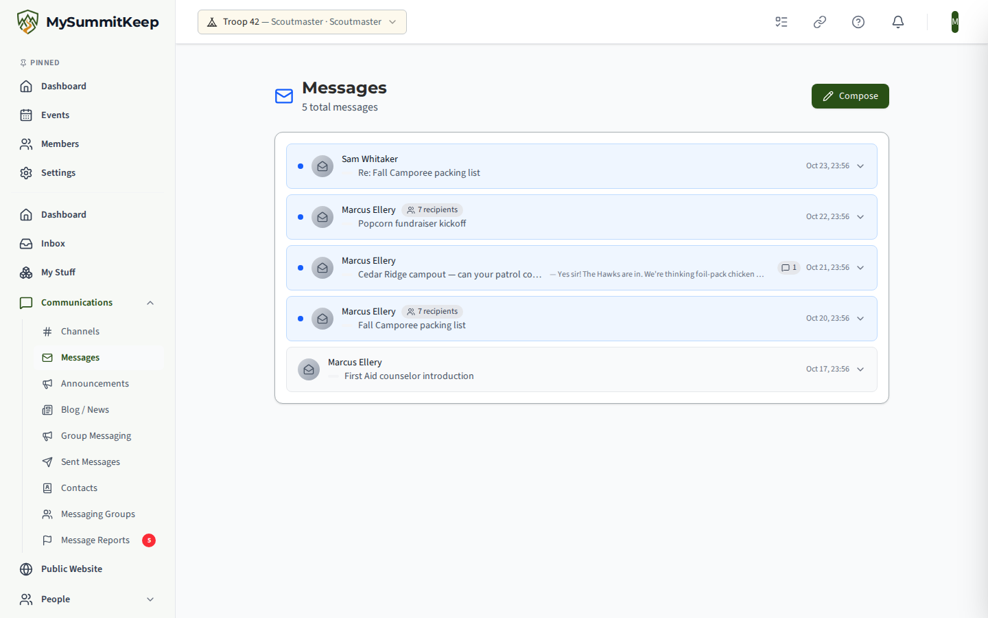 The Messages page at /messages with its Messages heading and message list, before the New Message dialog is opened.