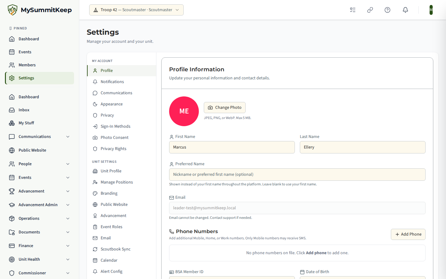 The Profile settings page at /settings/profile showing the Profile Information form with name, nickname, email, BSA Member ID and address fields.