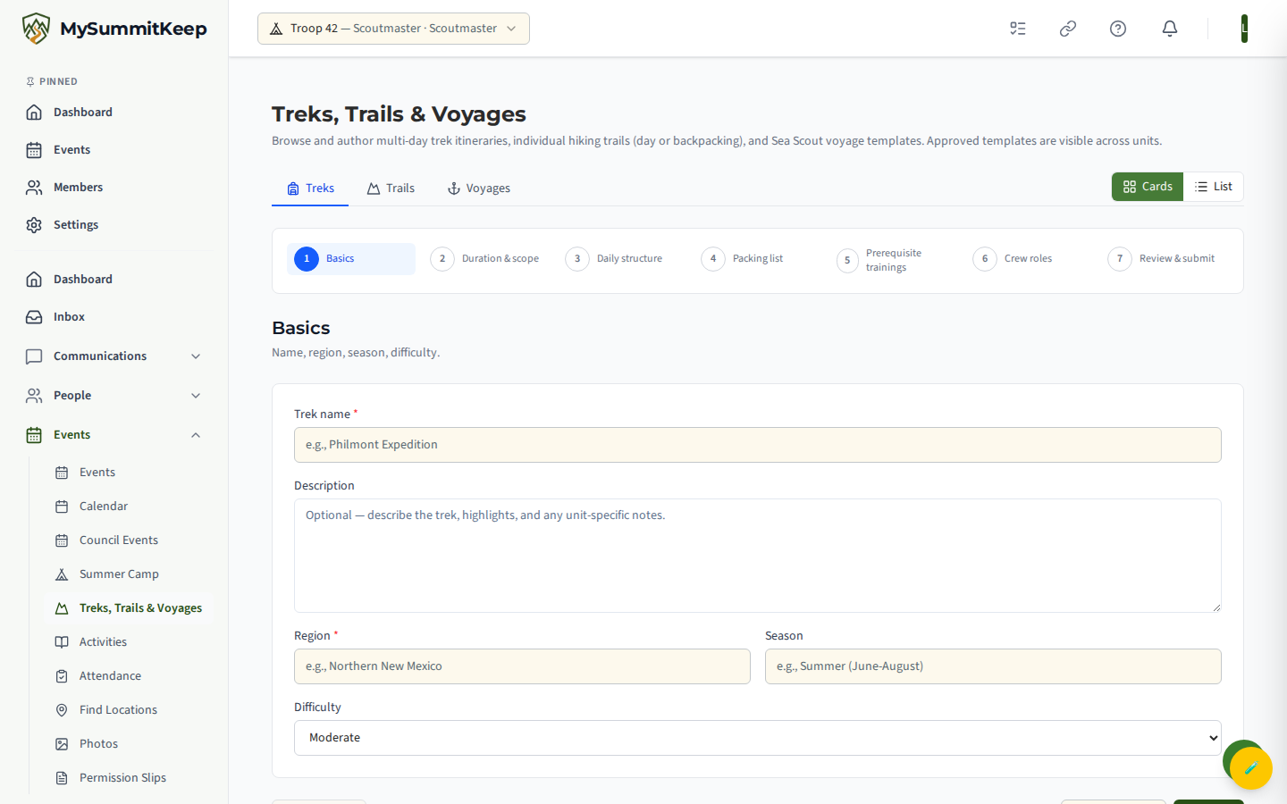 The Build Trek wizard for authoring or editing a trek library template.
