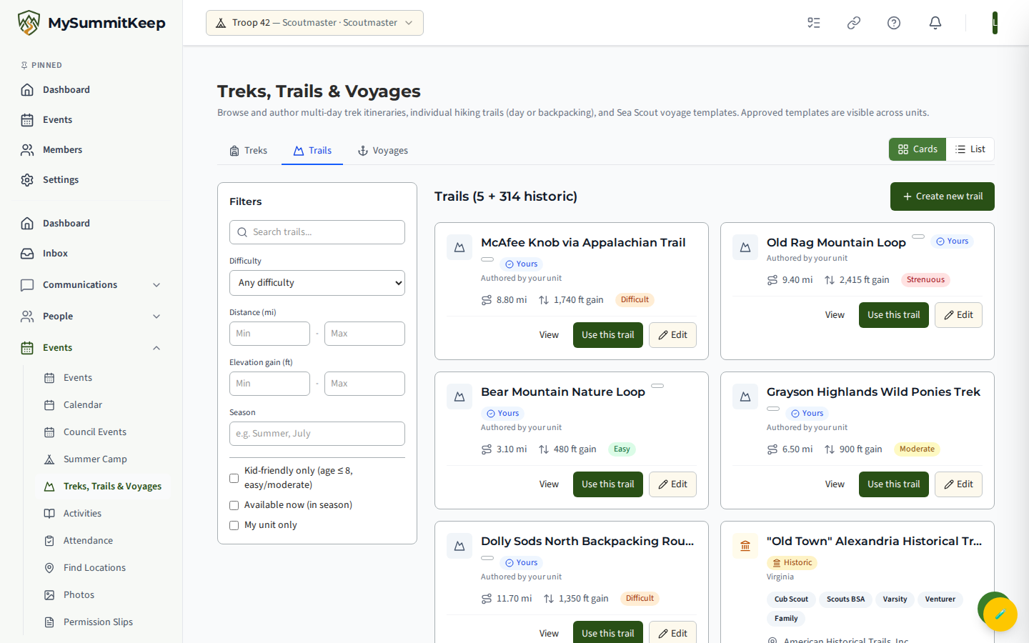 The Trails tab showing hiking-trail templates with difficulty/distance/elevation metadata.