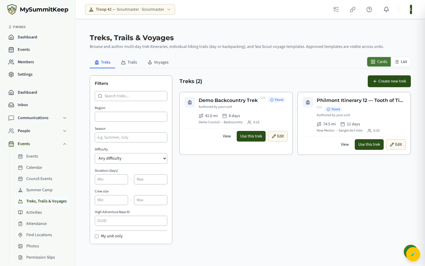 The /library page on the Treks tab with the filter sidebar, card/list toggle, and Create new trek button.