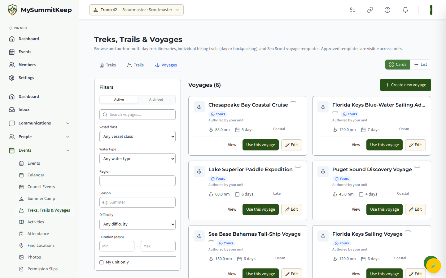 The Voyages tab showing Sea Scout voyage templates.