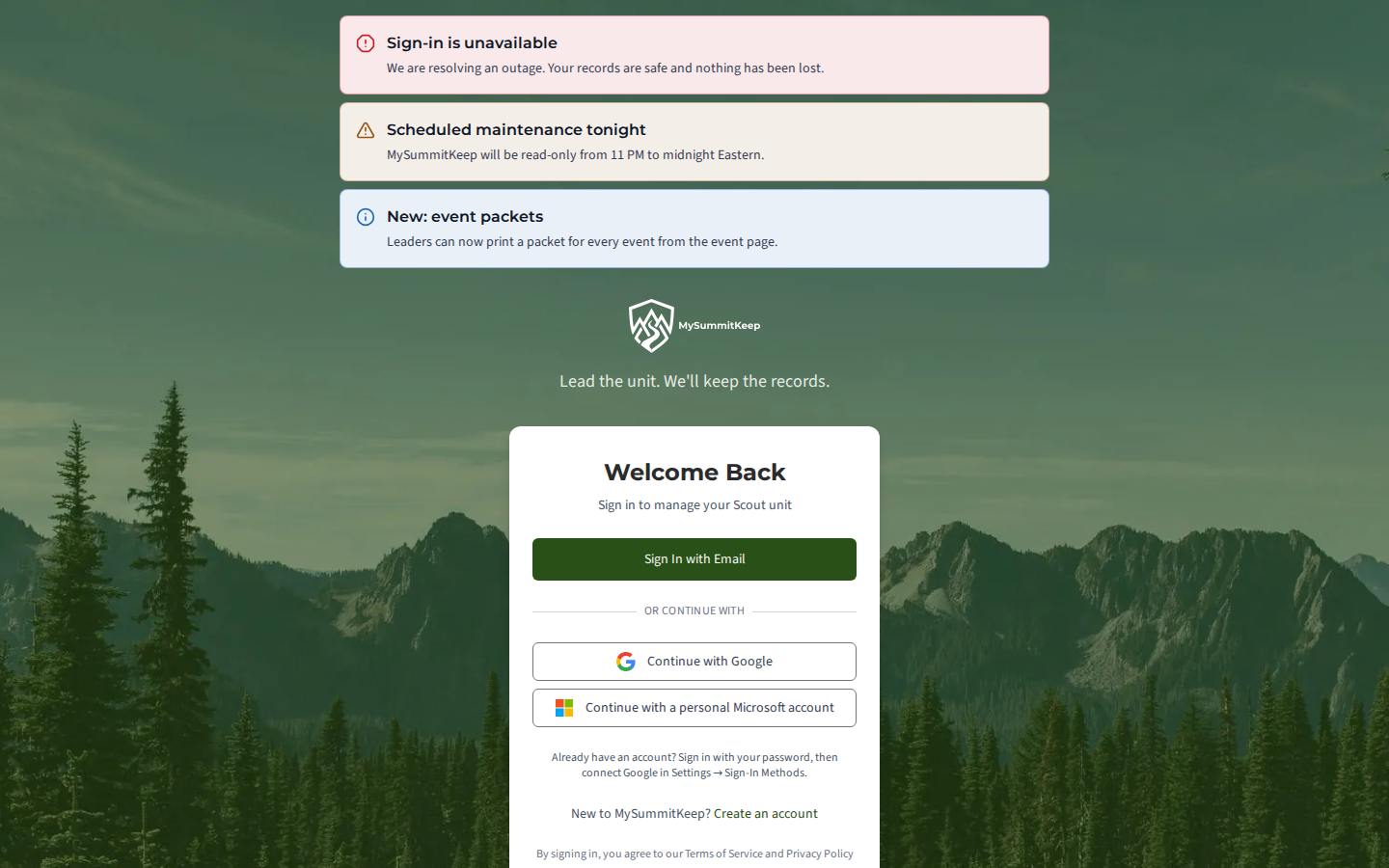 The /login page with Info, Warning and Critical platform notices above the sign-in card