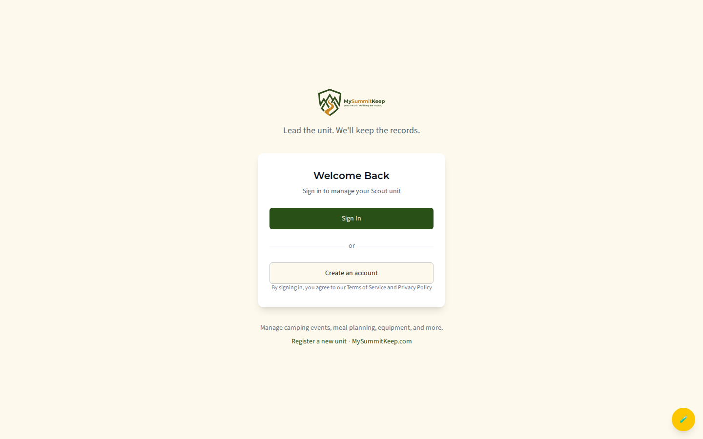 The /login page with the Sign in with Microsoft button, Create an account button, and Register a new unit link