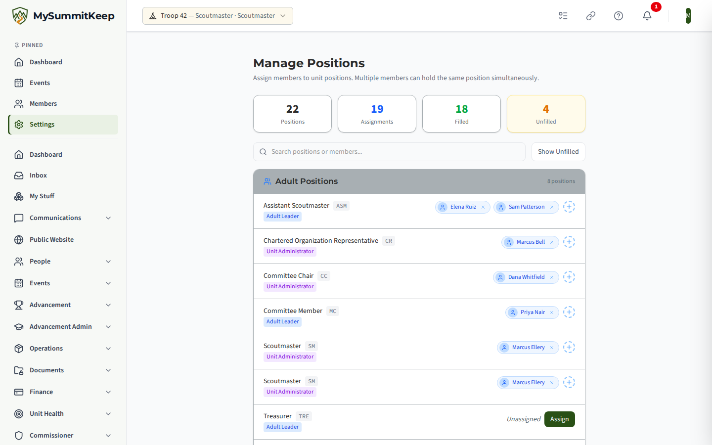 The Manage Positions page at /settings/positions listing unit leadership and committee positions with the people assigned to each