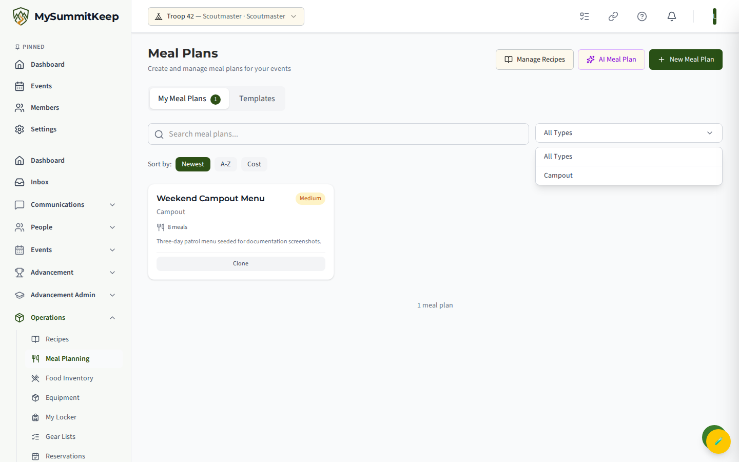 Meal Plans page at /meals with the plan list and search.