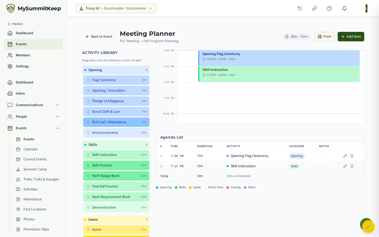 The drag-and-drop Meeting Planner with the activity library sidebar and the timed agenda timeline.