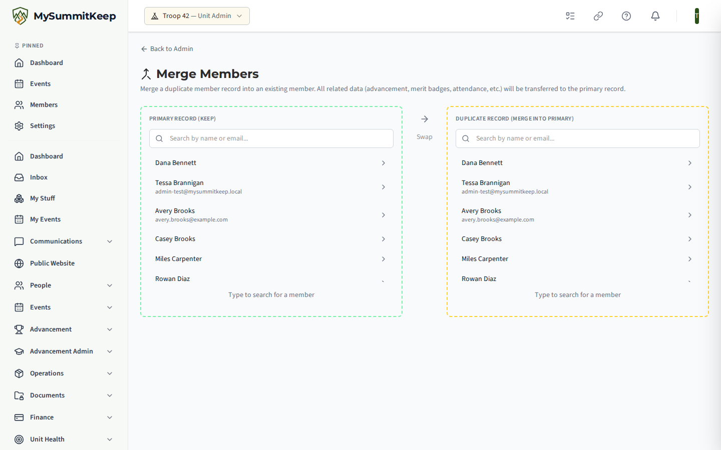 Merge Members page with a Primary Record (Keep) search panel, a Duplicate Record (Merge Into Primary) search panel and a Swap button.