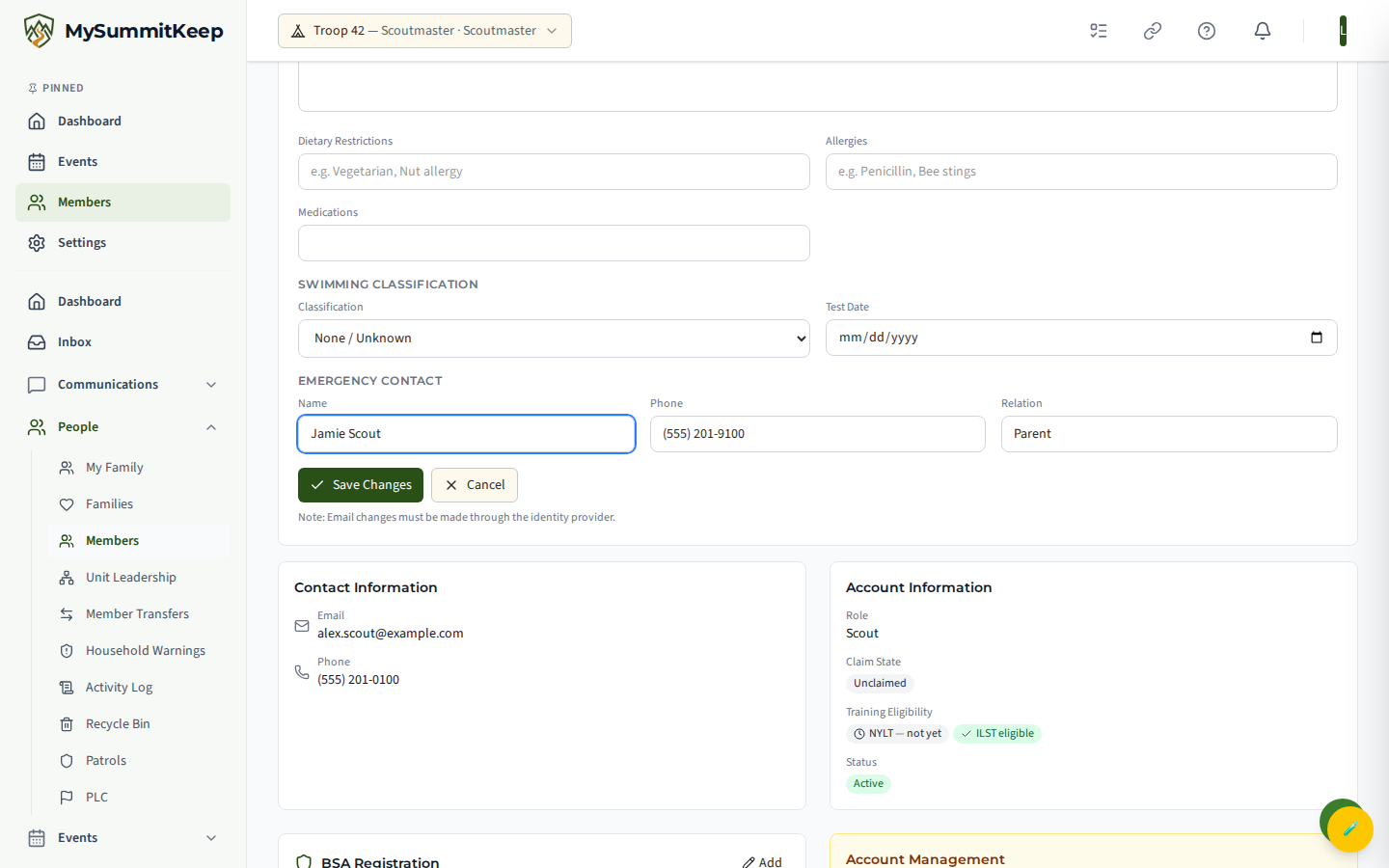 Single member profile Information tab with contact, emergency contact, and edit