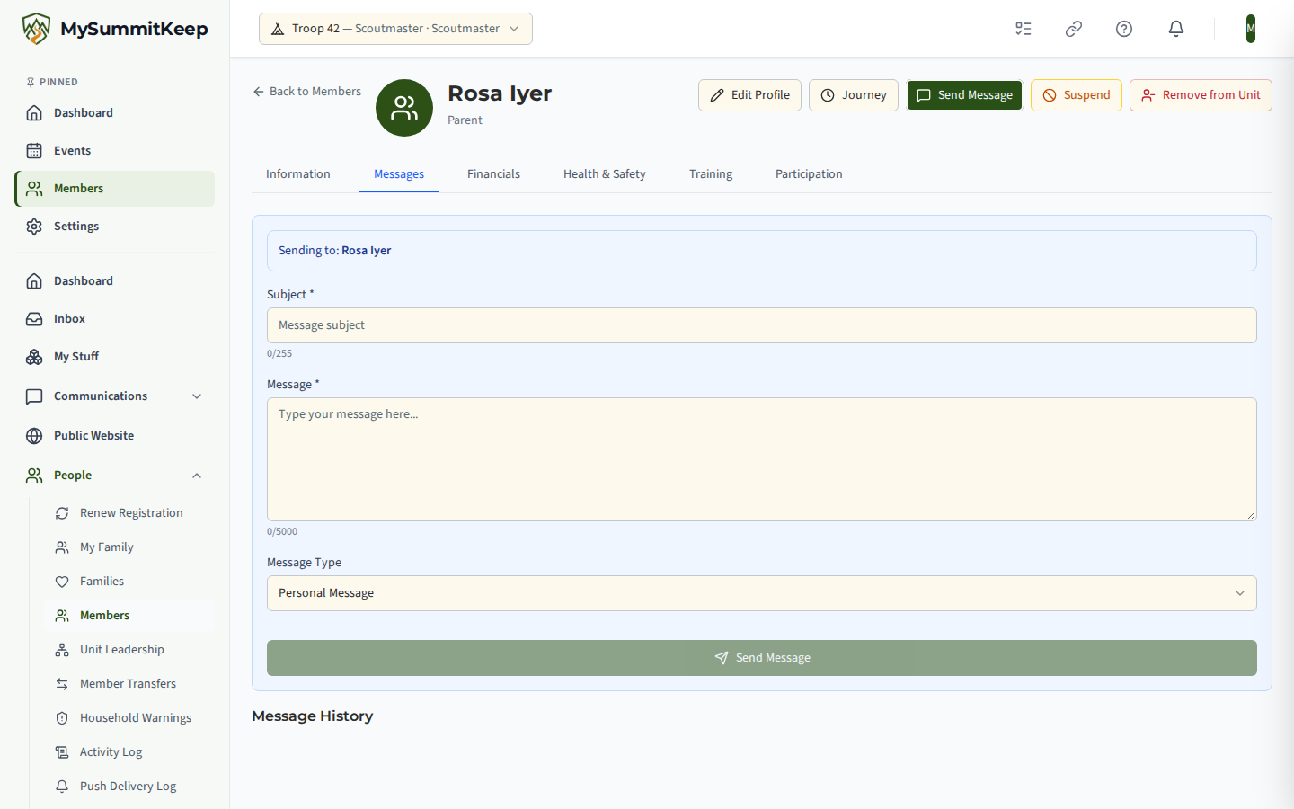 A member profile on the Messages tab with the Send Message composer open: the Sending to line, subject, message, and message type.
