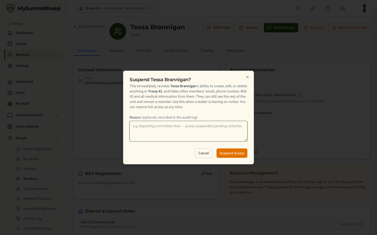 An adult leader's profile with the Suspend dialog open: suspension revokes every change in the unit and hides other members' email, phone number, BSA ID and all medical information, they can still see the rest of the unit and remain a member, and an optional reason box.