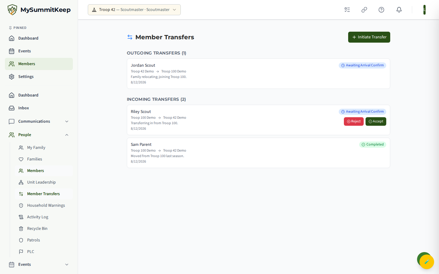 A pending transfer row showing Accept/Reject actions for the receiving unit