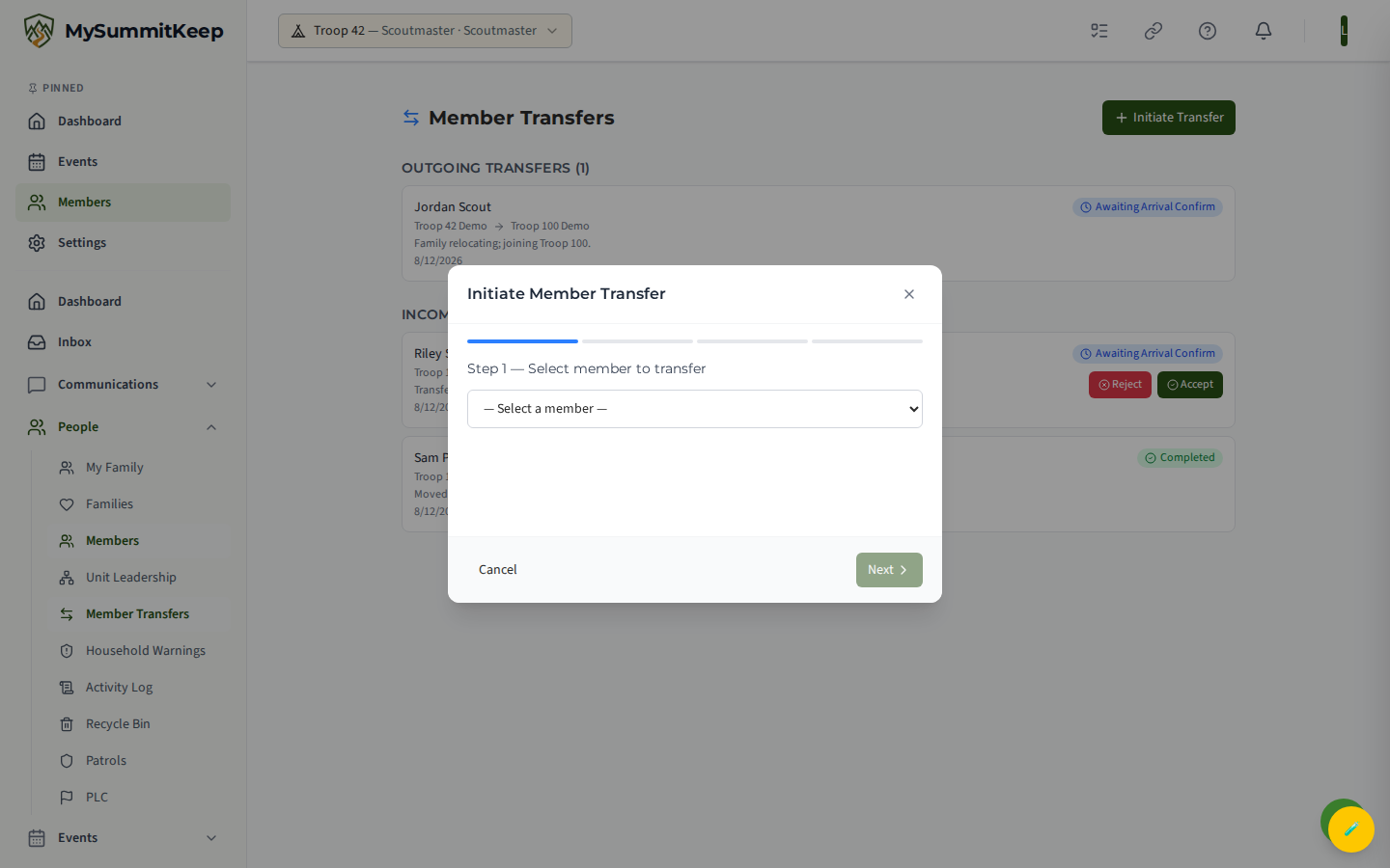 Initiate Transfer wizard