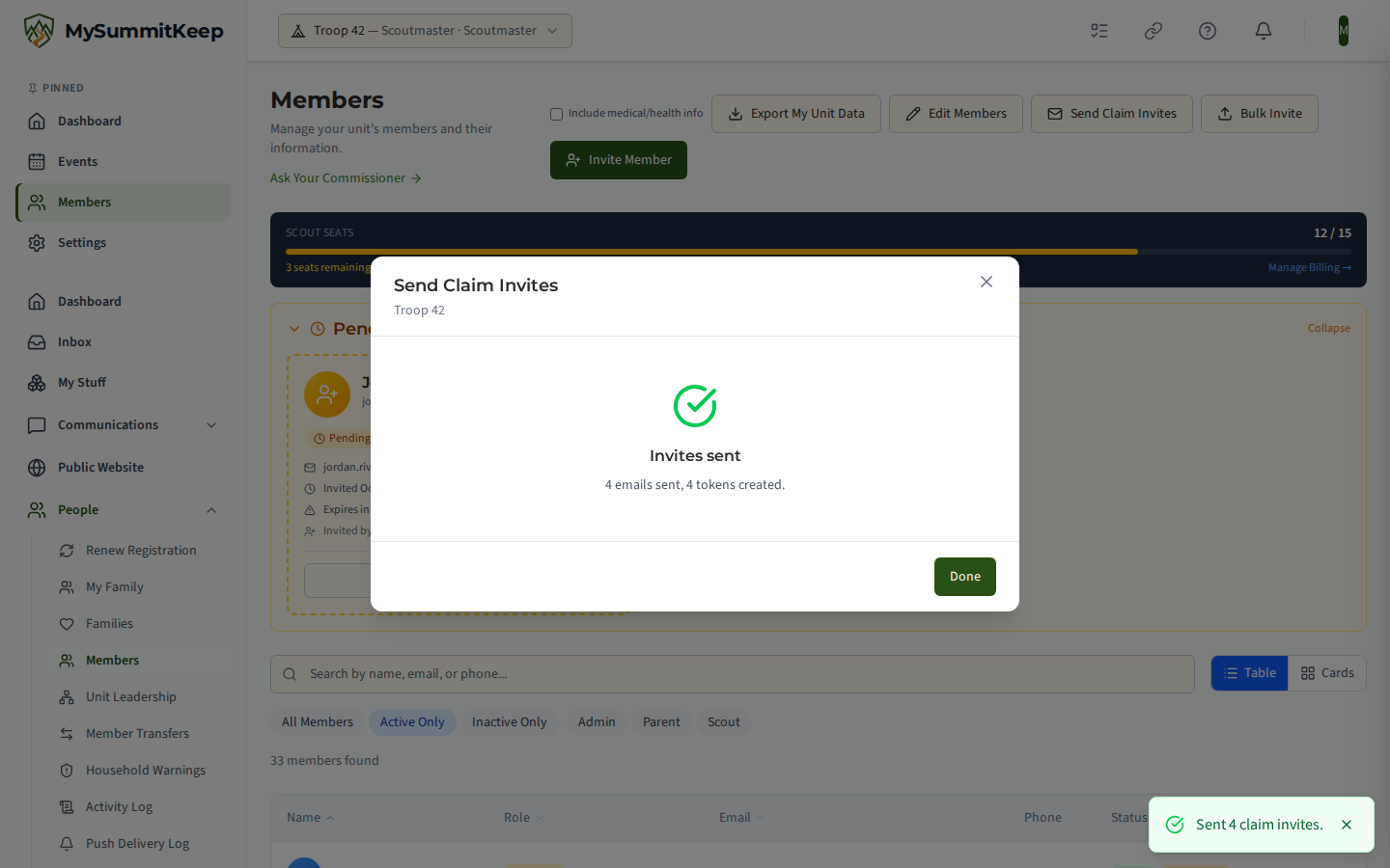 The Send claim invites dialog after sending: Invites sent, with the email and token counts, and a Not sent list naming each skipped member with the reason.