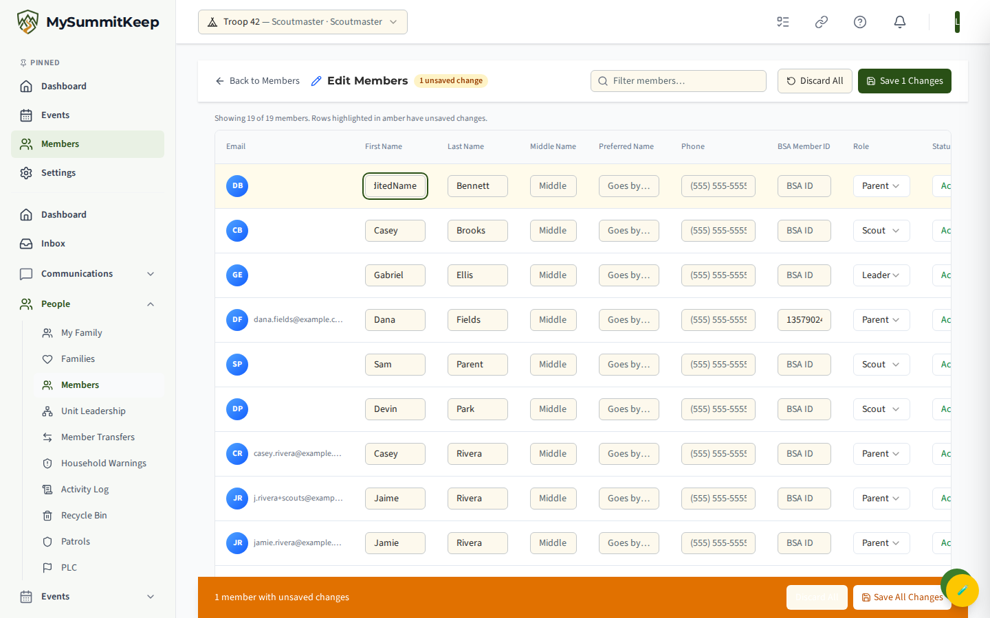 Inline multi-row edit table at /members/edit with name/contact/role/status columns and Save/Reset