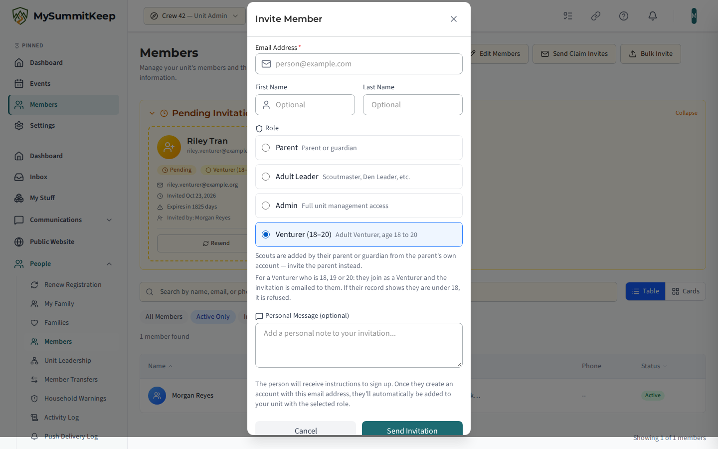 The Invite Member form in a Venturing Crew with the Venturer (18–20) role selected, and the note that a Venturer who is 18, 19 or 20 joins as a Venturer, the invitation is emailed to them, and a record under 18 is refused.