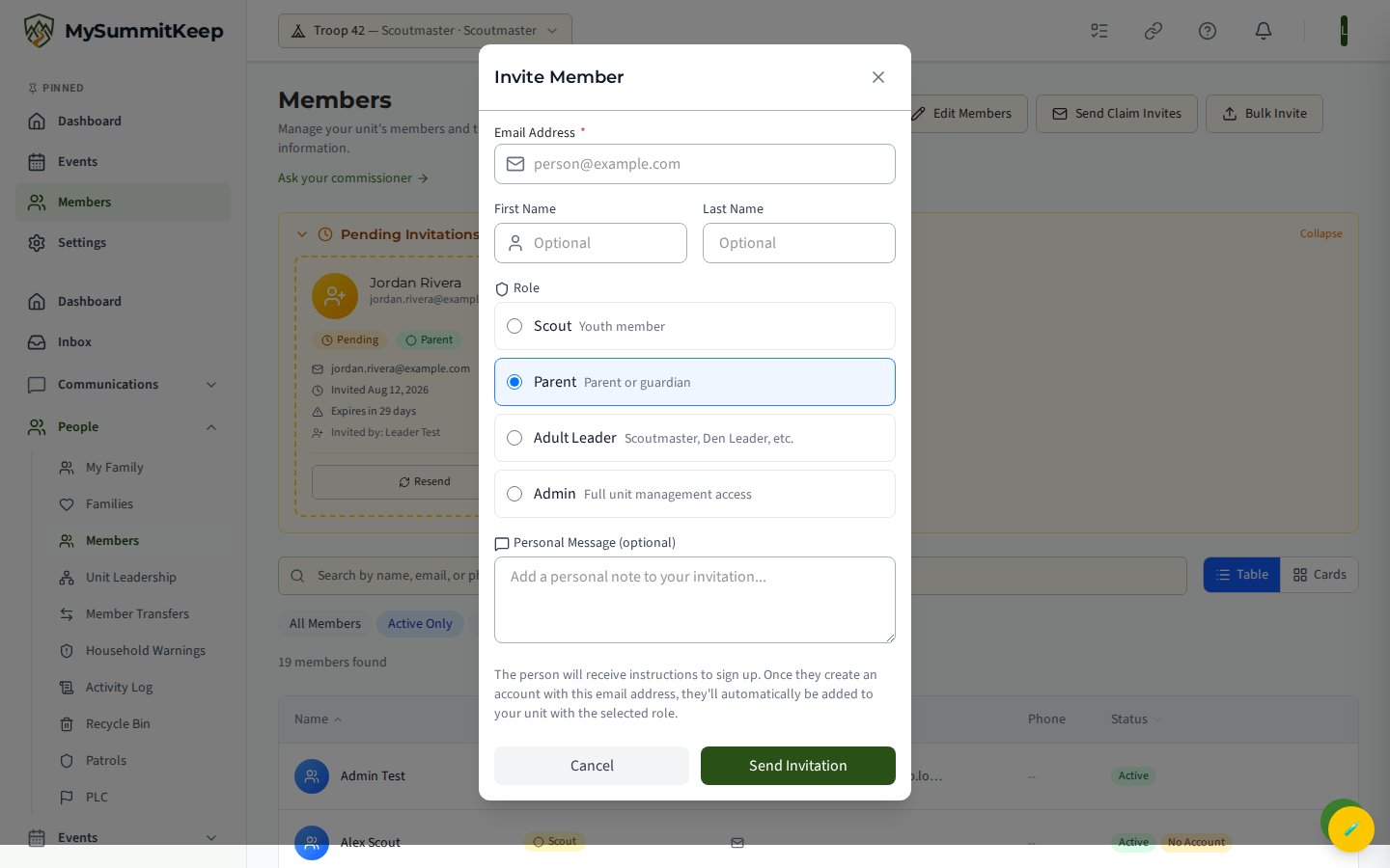 Members directory with the single-member Invite modal open, showing the email and name fields and the role radio options: Scout, Parent, Adult Leader, and Admin