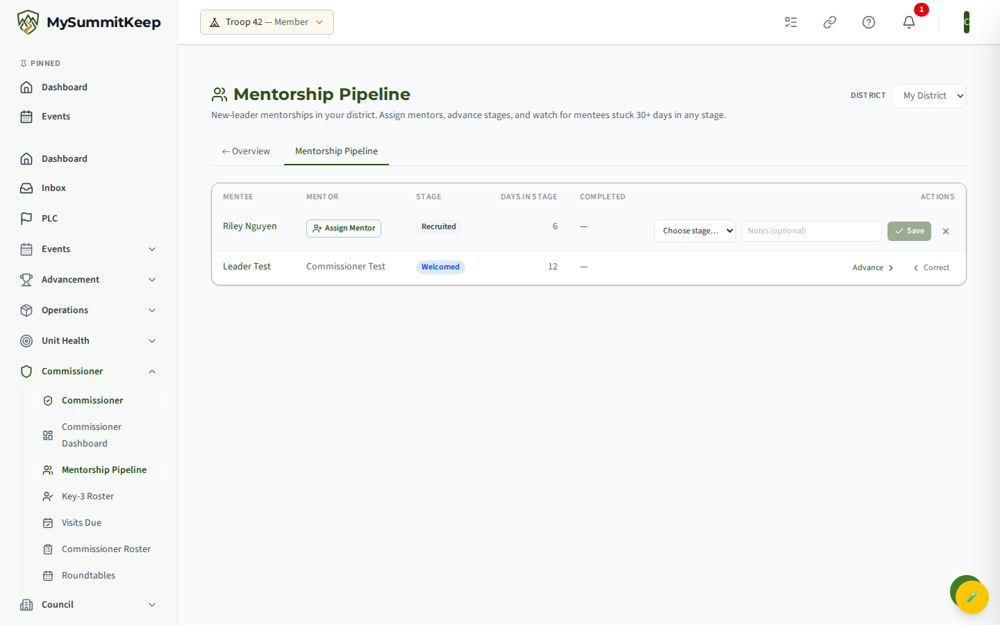 Mentorship Pipeline (/commissioner/mentorships) district-scoped table with stage and assign-mentor / advance-stage inline editors
