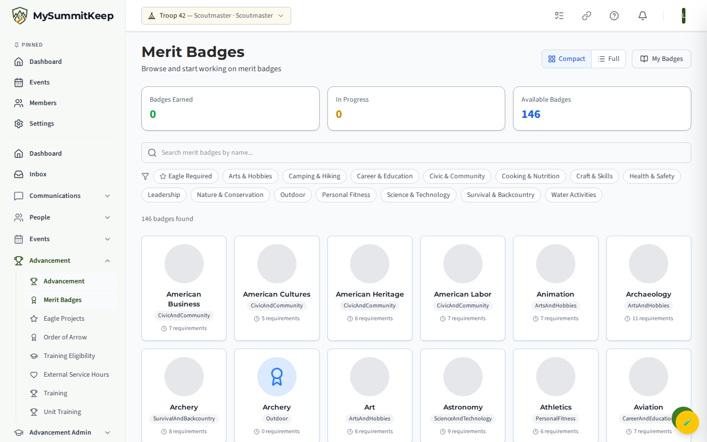 Merit Badge catalog (leader view) with stat cards and search