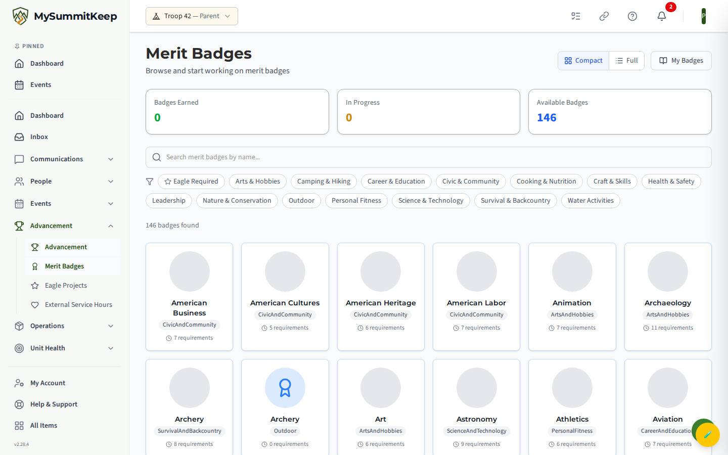 Merit Badge catalog with earned/in-progress/available stat cards and search