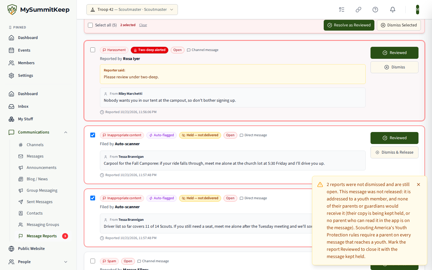 Message Reports after a bulk Dismiss that Youth Protection refused: a warning that 2 reports were not dismissed and are still open, with the reason, and both held-message reports still selected in the red bulk bar.