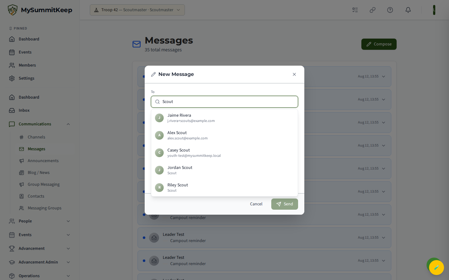Messages page at /messages with the New Message compose modal open, using the recipient directory search (search by name or email) to look up a member and start a direct message.