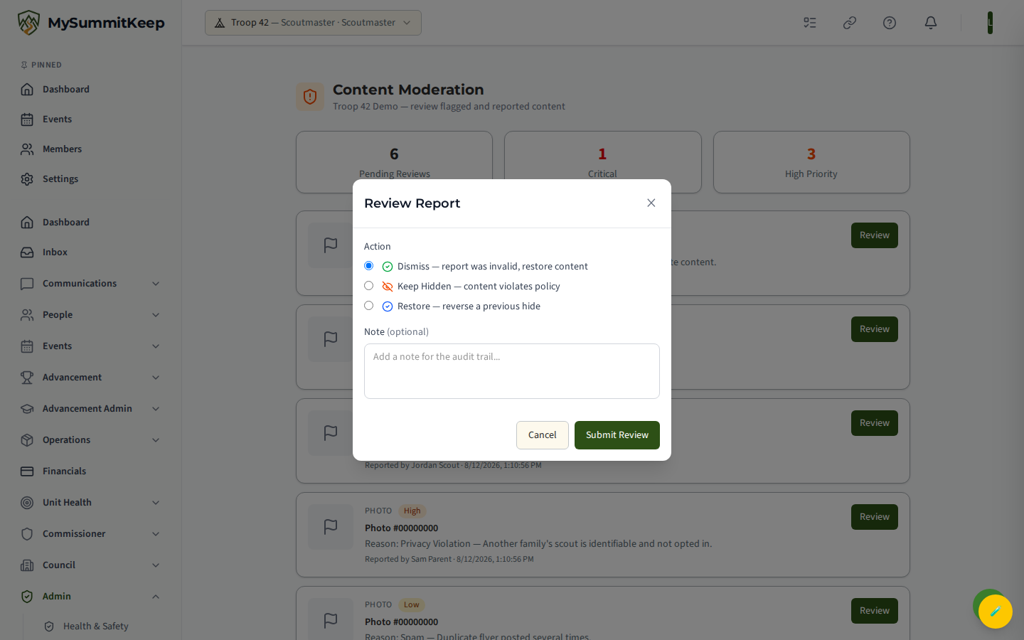 Moderation review panel with the audit-note input and approve/remove actions.