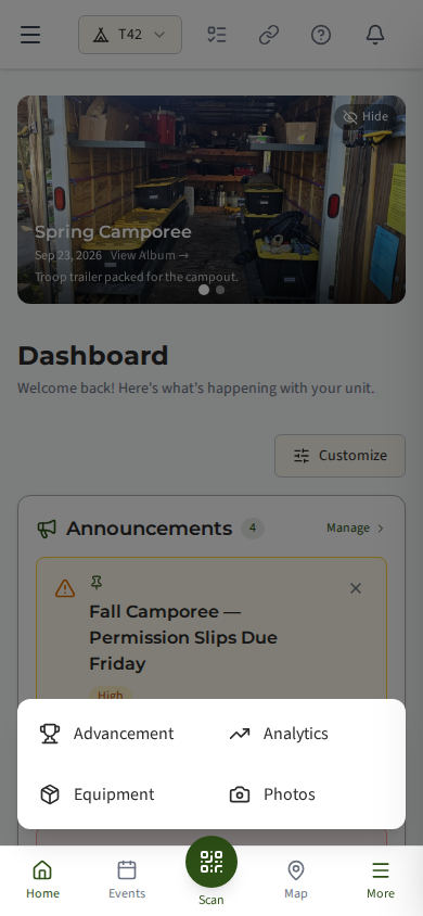 The More panel open over the dashboard on a phone, with Advancement, Analytics, Equipment and Photos buttons.