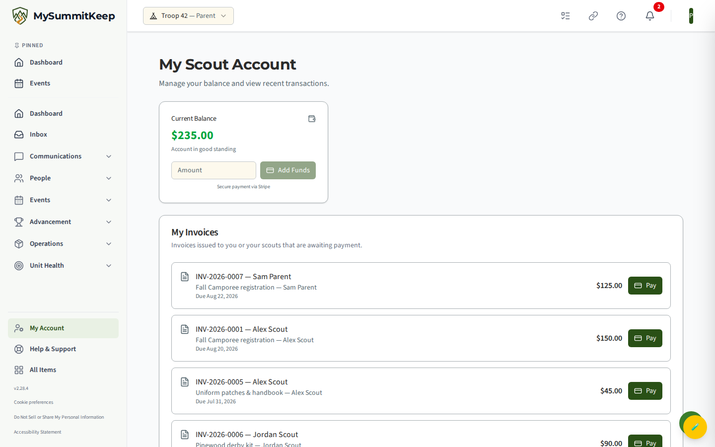 The /my-account 'My Scout Account' page: current balance card with the 'Add Funds' top-up input and the transaction-history ledger with running balance.