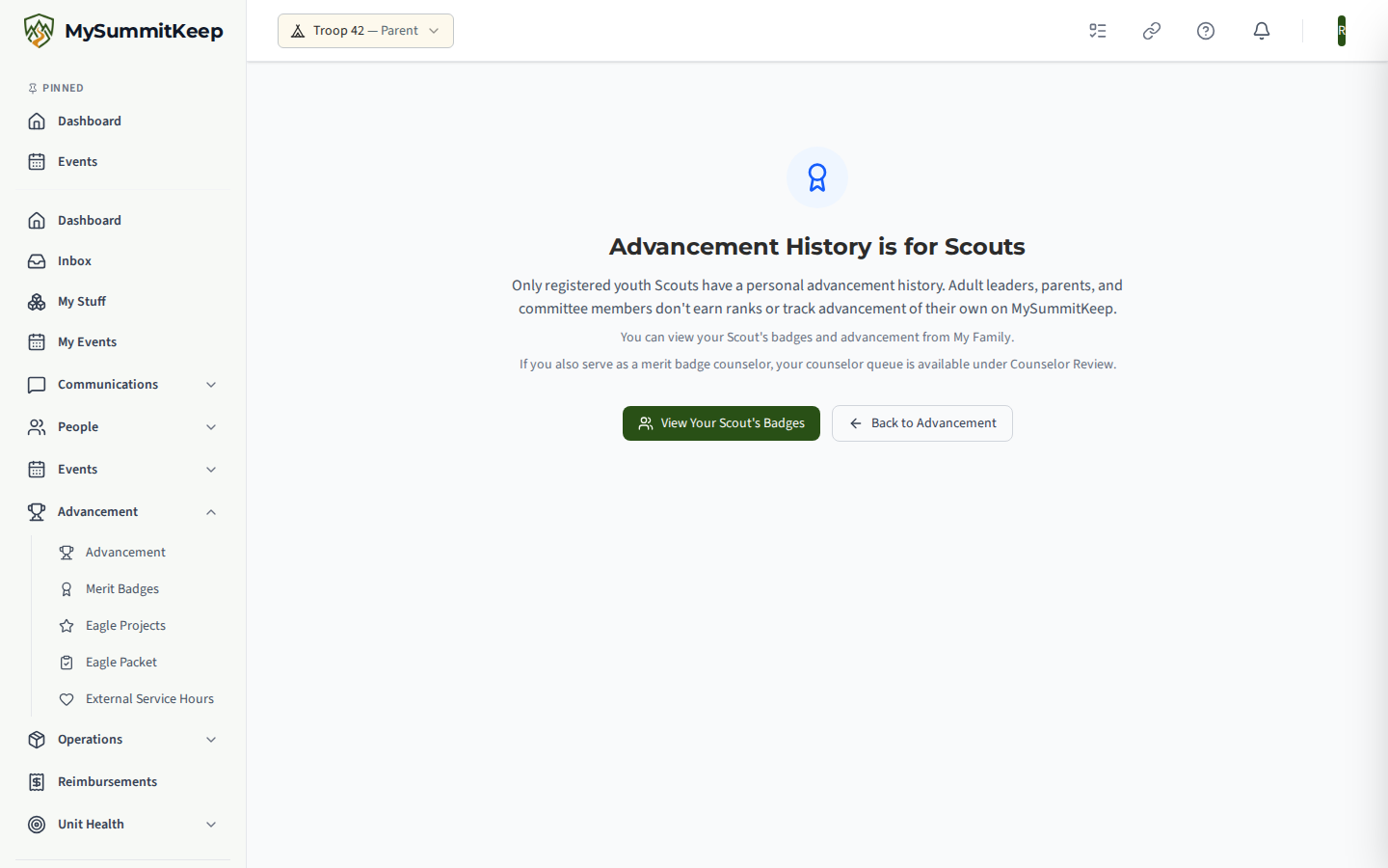 The Advancement History page at /profile/advancement, a chronological record of rank advancements, merit badges and awards with dates