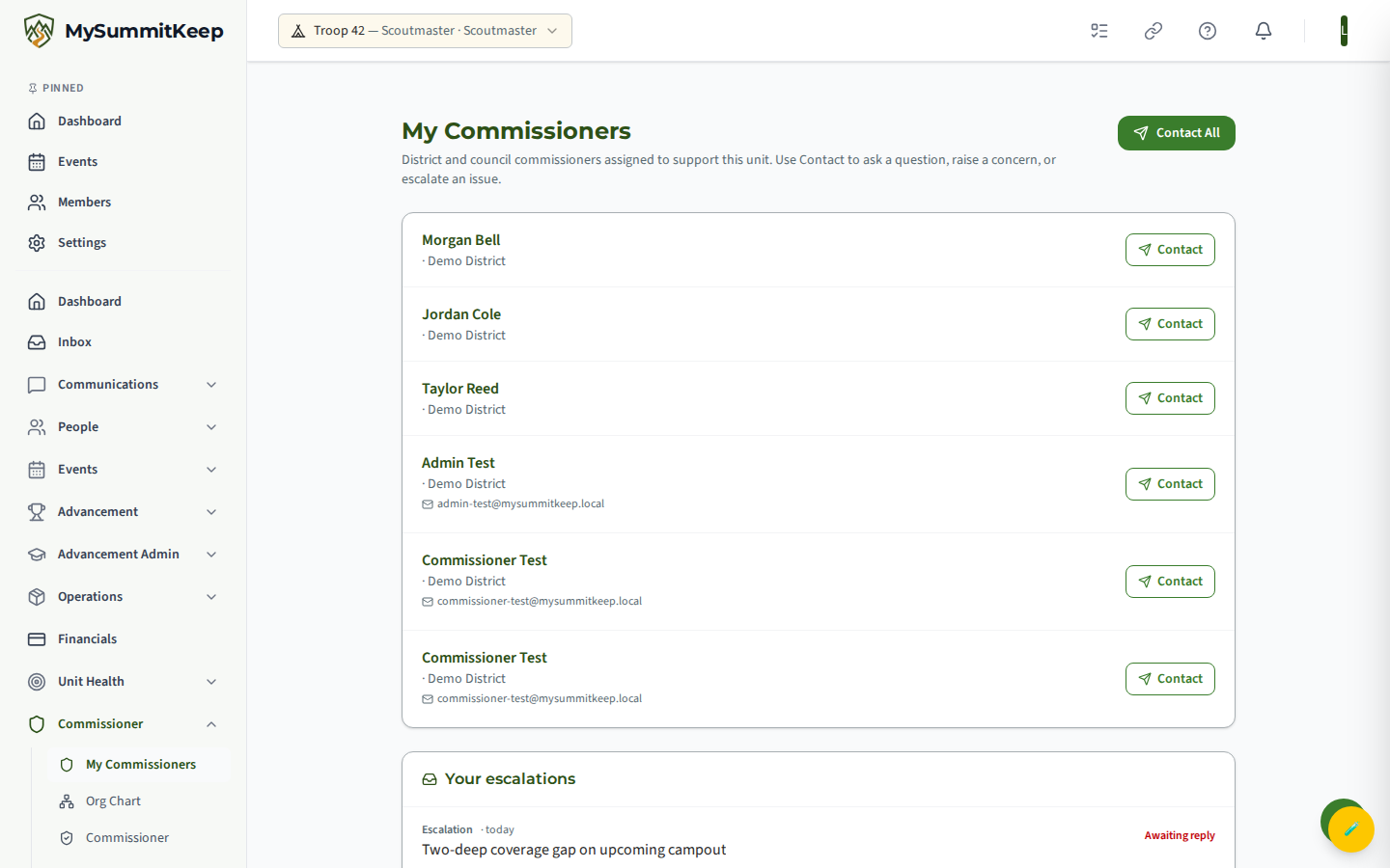 My Commissioners page (/my-commissioners) listing serving commissioners with Contact actions