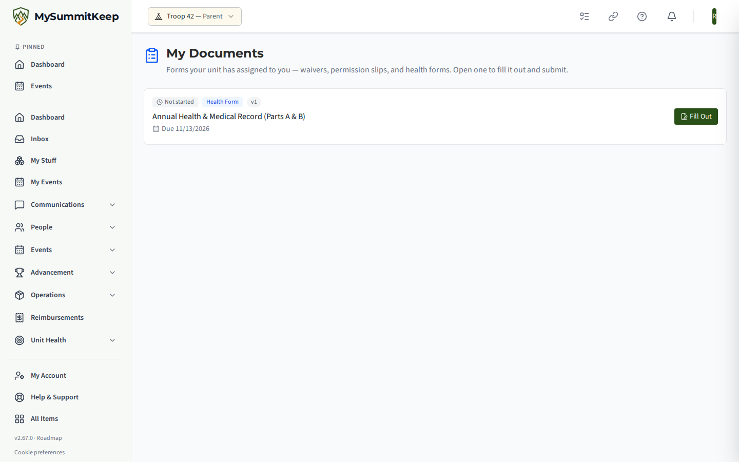The My Documents page at /documents/assignments listing forms assigned to the signed-in user or their Scouts with their status