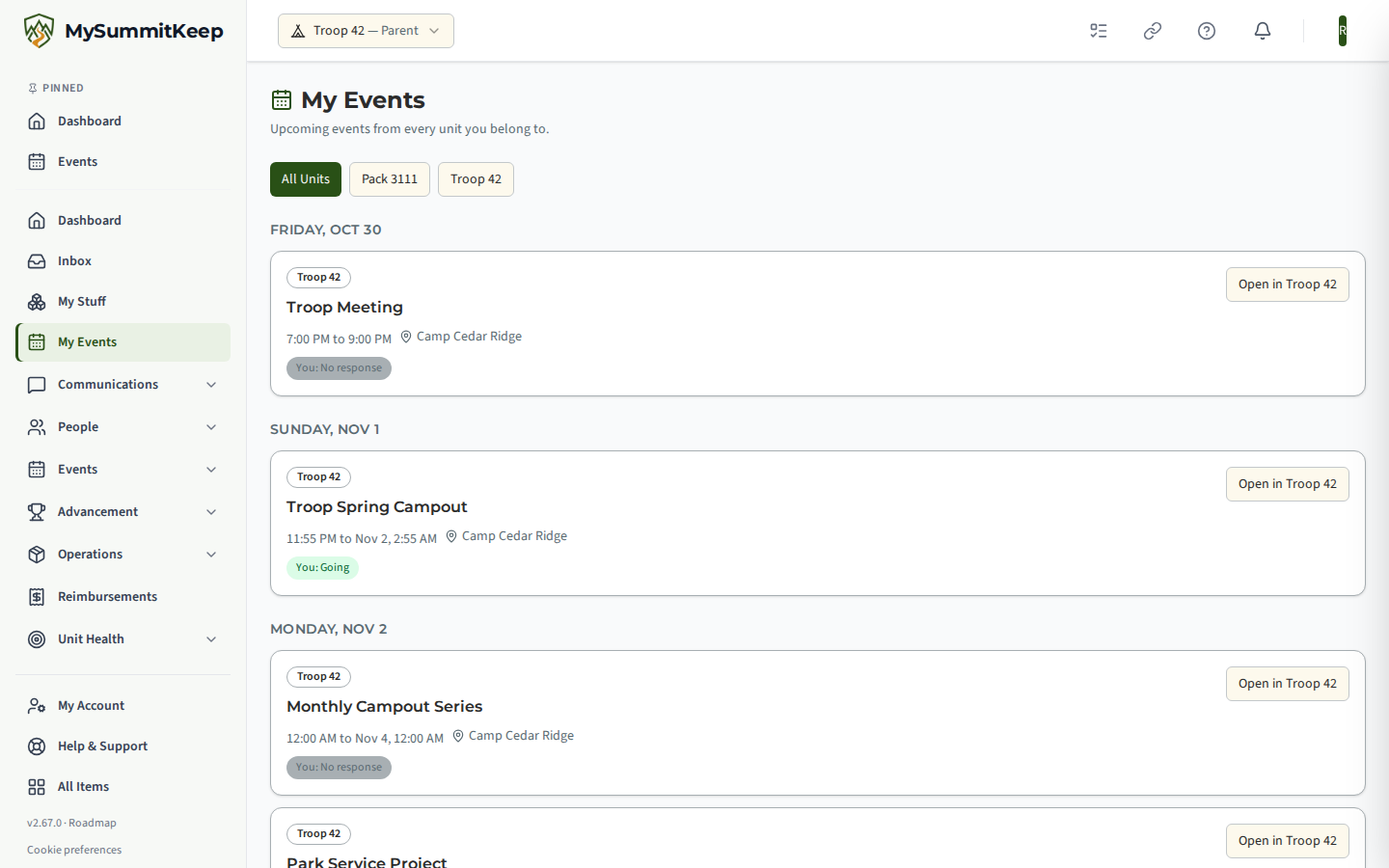 The My events page: upcoming events grouped by day, each with a unit badge such as Troop 42 or Pack 3111, the parent's own RSVP and an Open in button.
