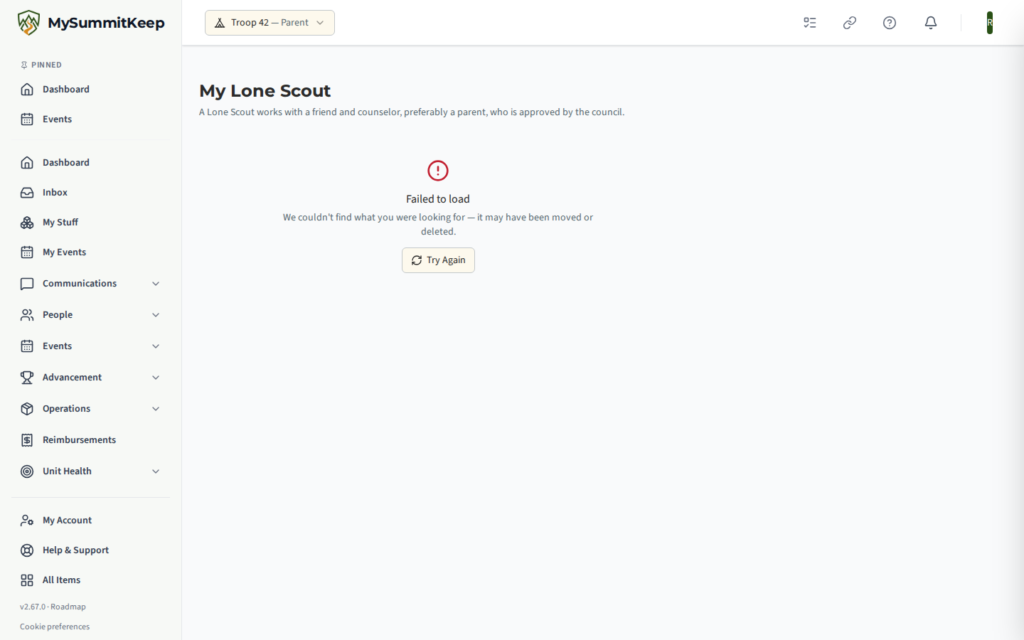 My Lone Scout page showing the Scout, the counselor and their standing, a Withdraw This Counselor button and a list of recent approvals.