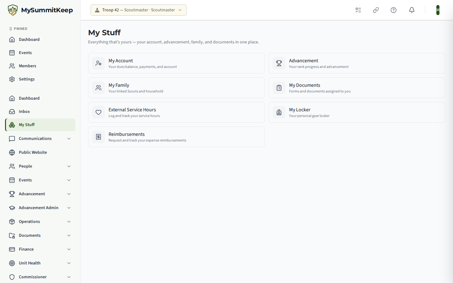 The My Stuff personal hub at /my-stuff aggregating the signed-in member's own RSVPs, assigned documents and advancement