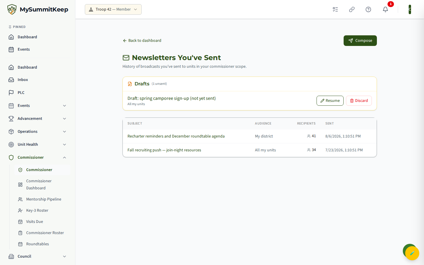 Newsletter history list (/commissioner/newsletter/history) showing sent issues and unsent drafts with edit/discard