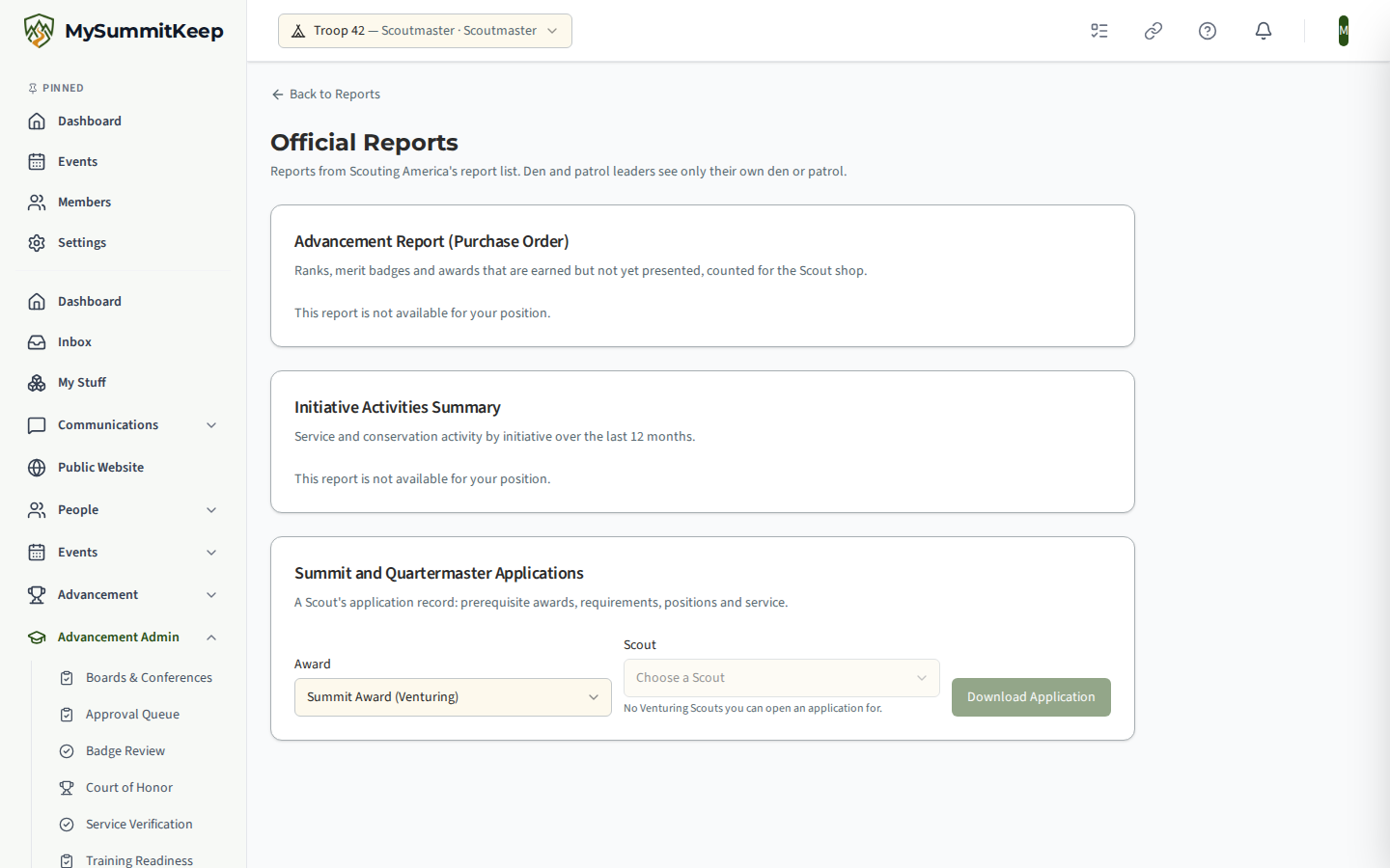 Official Reports at /reports/official with the Advancement Report (Purchase Order), the Initiative Activities Summary, and the Summit and Quartermaster Applications picker.