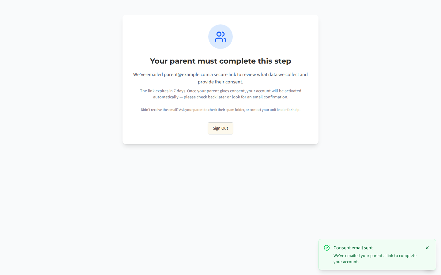 The onboarding wizard awaiting-parent screen the scout sees (Your parent must complete this step, with the parent email shown)