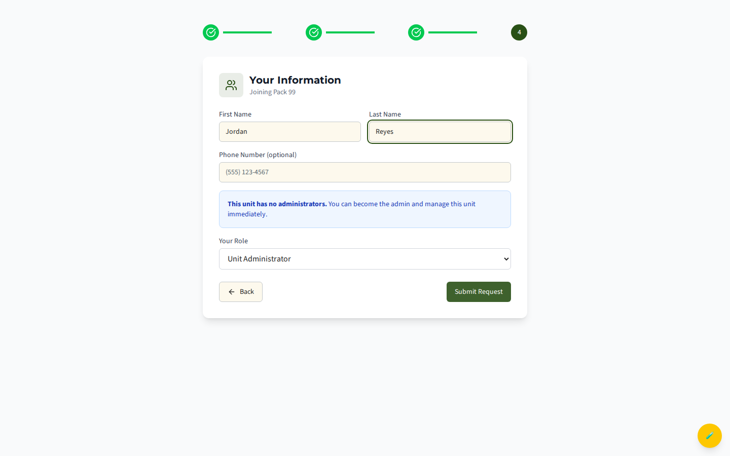 The details step showing the no-administrators banner offering to claim the unit as admin