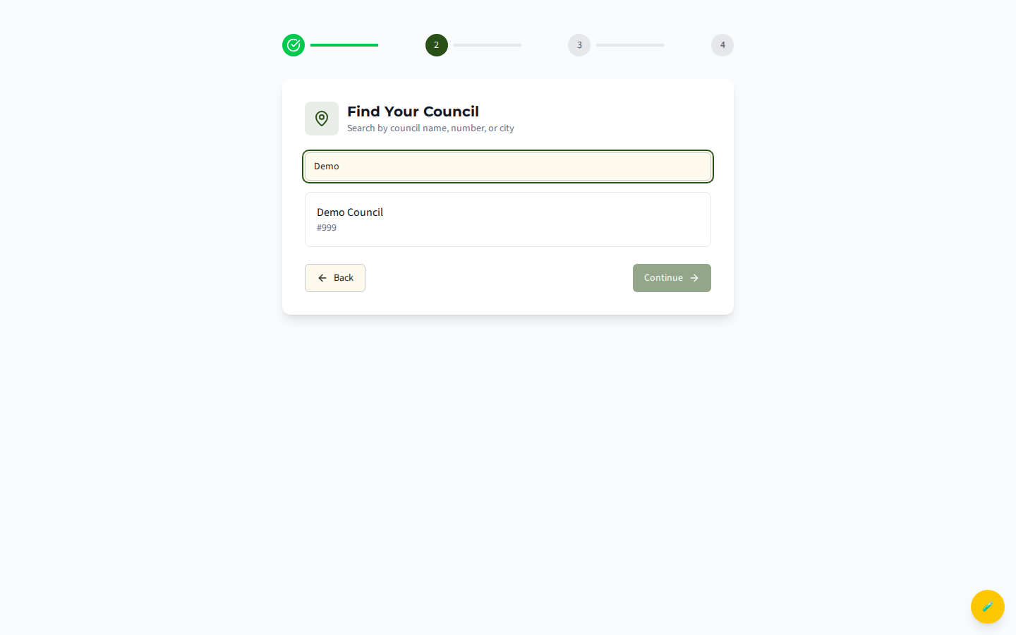 The council search step with the searchable council list