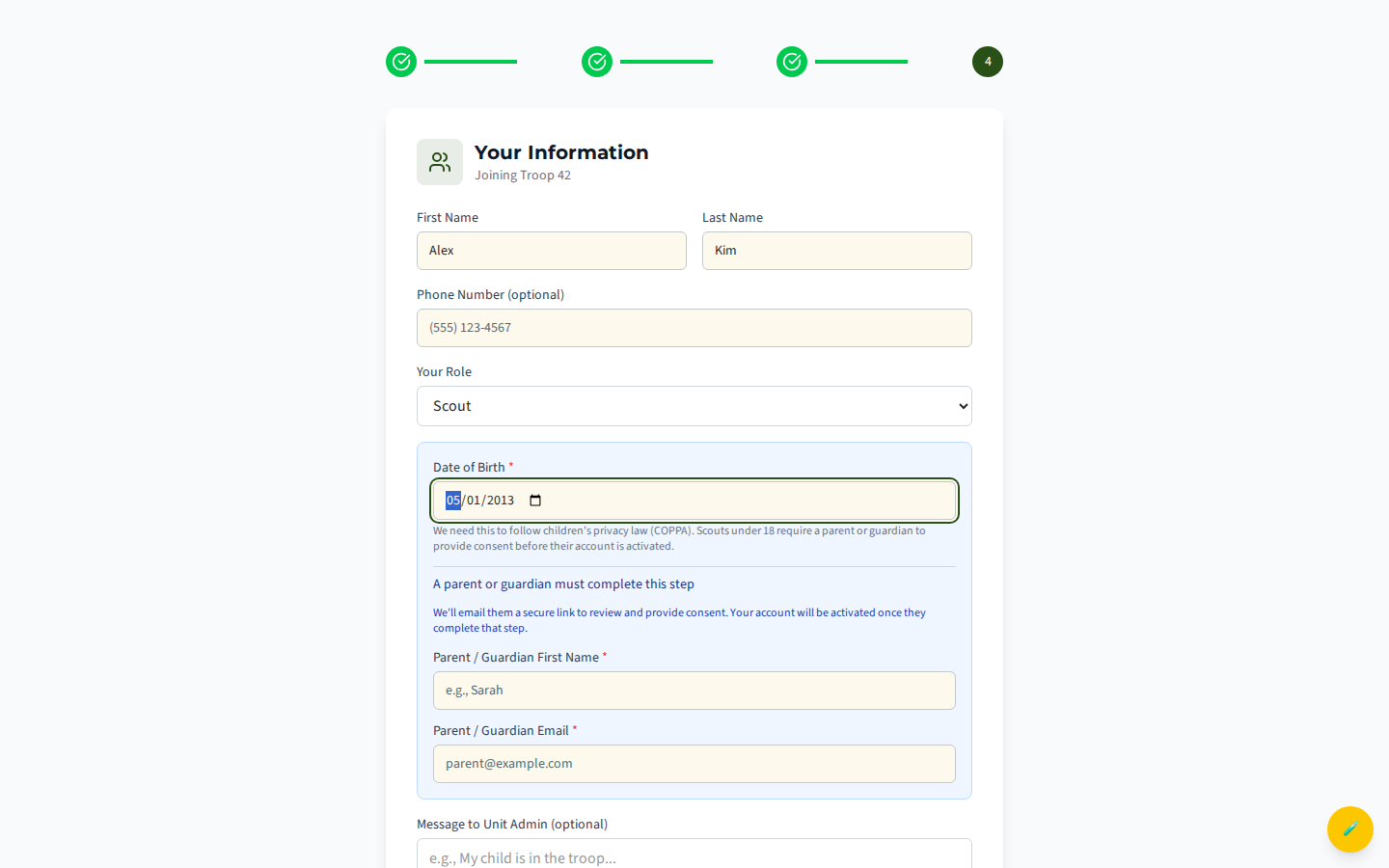 The onboarding details step with role=Scout selected, showing the date-of-birth COPPA field and the parent name/email consent fields for under-18