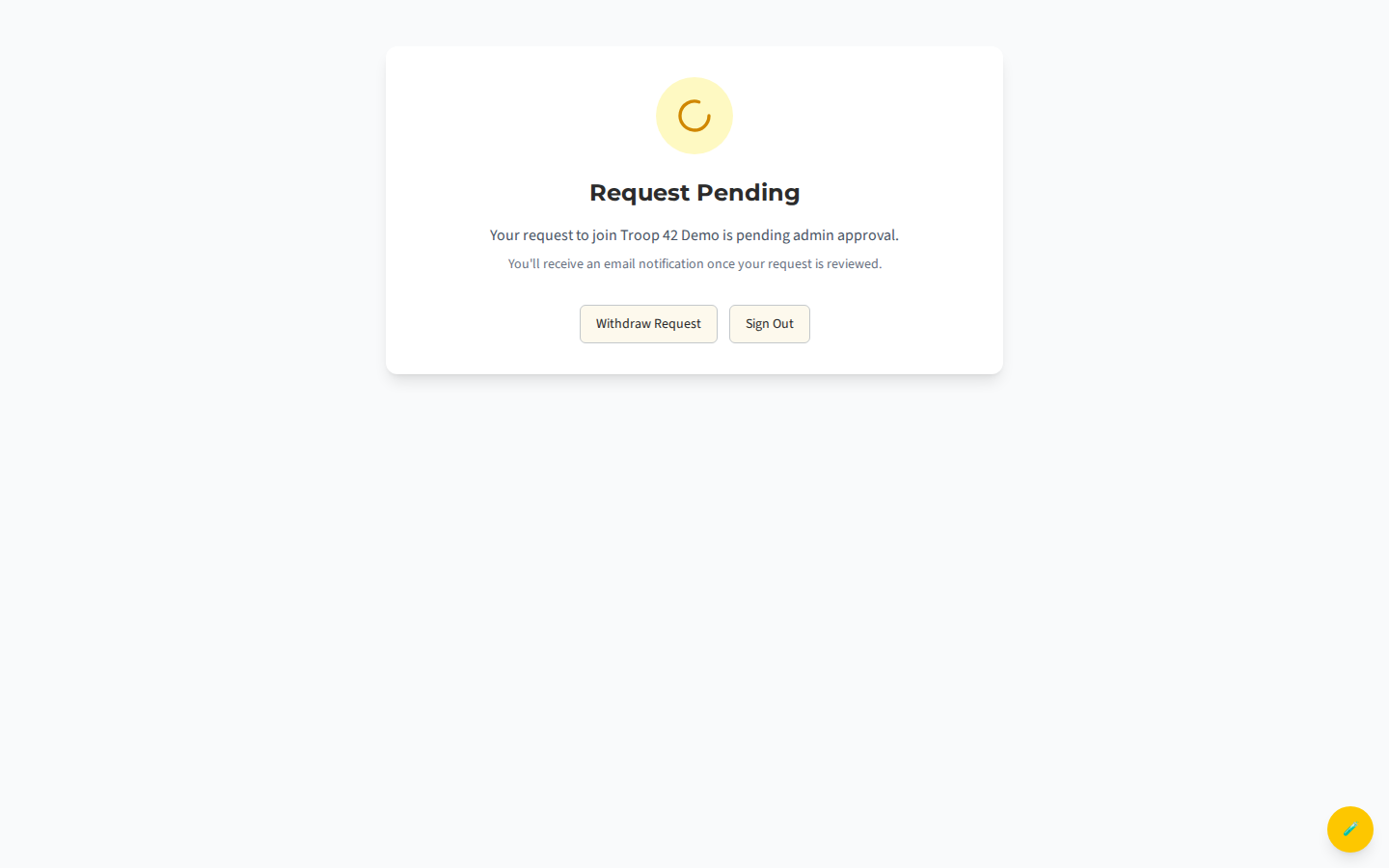 The Request Pending terminal screen with the Withdraw Request button