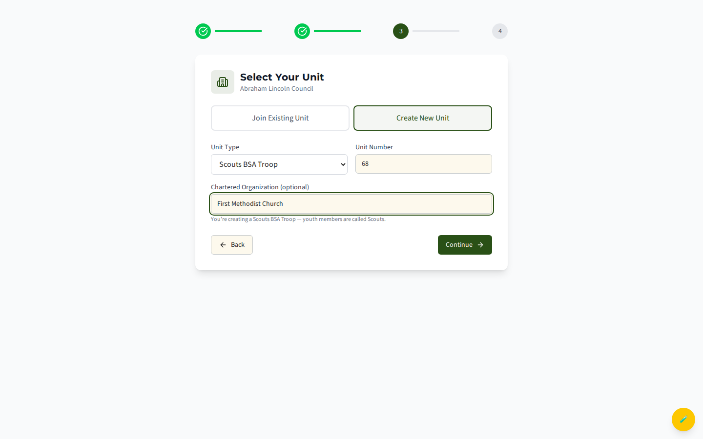 The unit step with Create New Unit selected showing the new-unit form