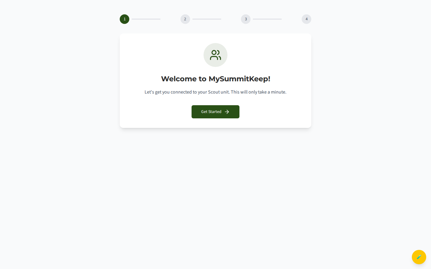 The /onboarding wizard welcome screen (Welcome to MySummitKeep, Get Started button)