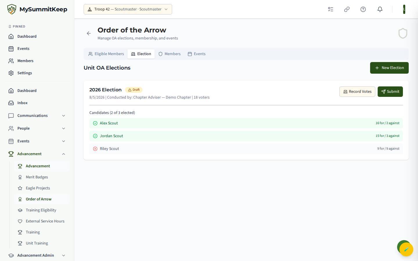 Order of the Arrow Election tab with election form/results