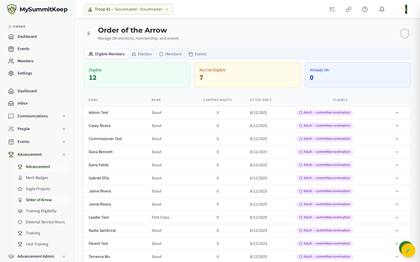 Order of the Arrow page on the Eligible Members tab
